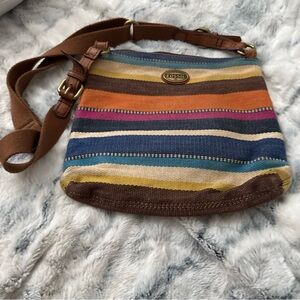 Fossil Striped Canvas Crossbody with Brown Leather Trim Y2K